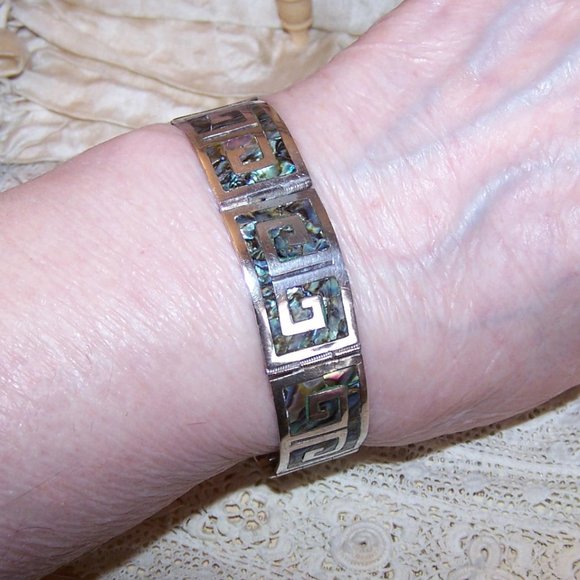 Los Ballesteros Sterling Silver Abalone Inlay Link Bracelet - Greek Key Design - Picture 2 of 9